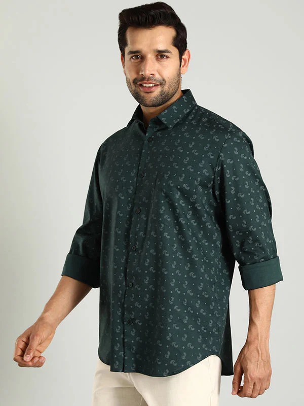 Indian Terrain Men's Regular Fit Full Sleeve Printed Green Shirt